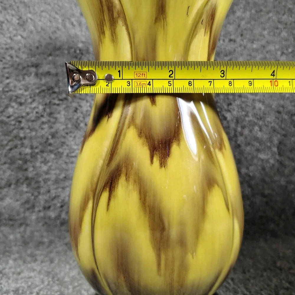 West Germany Vase Yellow Brown Drip Glaze Scalloped Gold Trim 556/21 8.25in